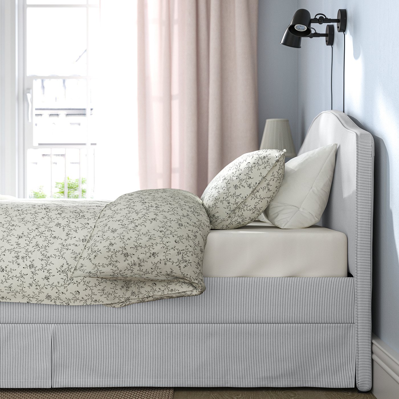 Striped & floral bed cover, removable, machine-washable, 2 pieces, grey-white skirt