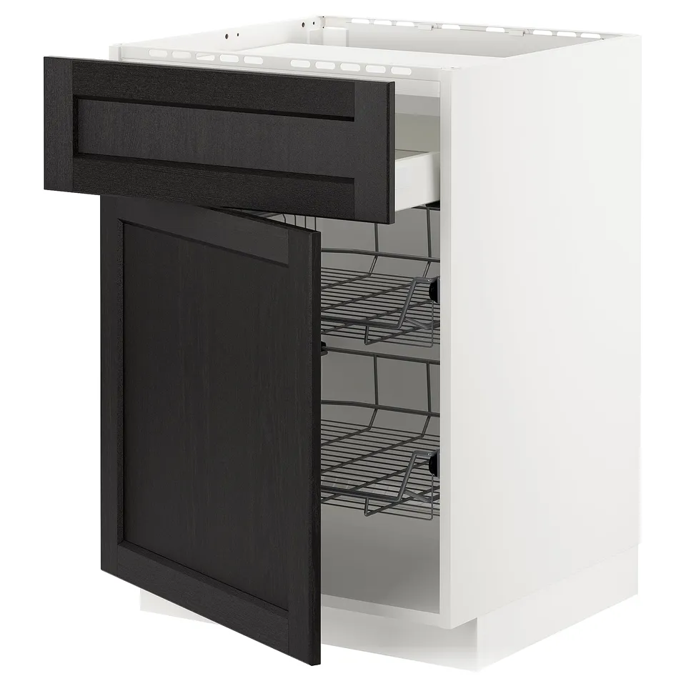 Modern kitchen cabinet, METOD, with stylish dark-stained wooden doors, wire shelves, and a smooth, grey drawer.