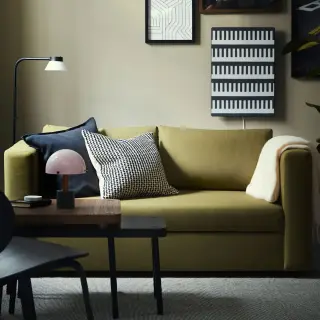 SKÖNABÄCK/SONHULT set: 2-seat sofa-bed + nest of tables, set of 2, Vissle yellow-green + grey/walnut effect, Depth 75 x Width 158 cm