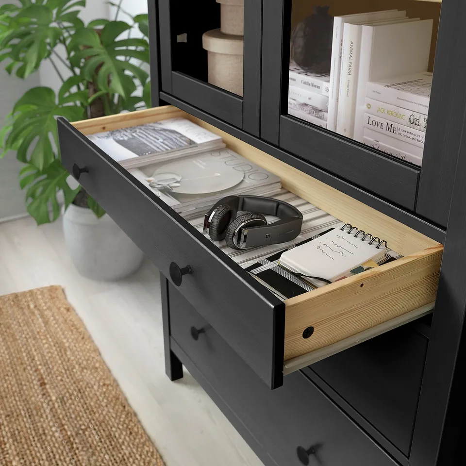 HEMNES Glass-door cabinet with 3 drawers, black-brown/light brown, 90x197 cm