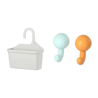 HUMLESJÖN/TÅNGHÄLLAN set: shower basket + hook with suction cup, light grey + orange/turquoise, 29x31 cm