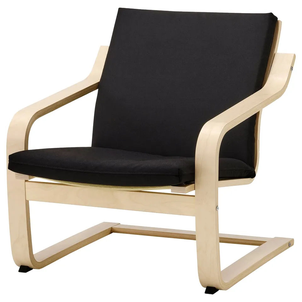 Depicts a light-colored wooden, cushioned rocking armchair named POÄNG in black.