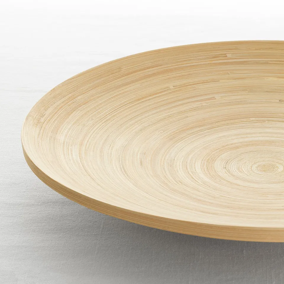 Smooth, handcrafted bamboo platter with even grain pattern.