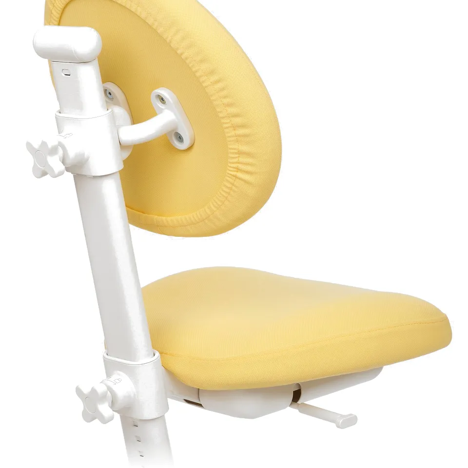 Yellow ergonomic chair, adjustable height and seat depth, sturdy white frame, padded for comfort.