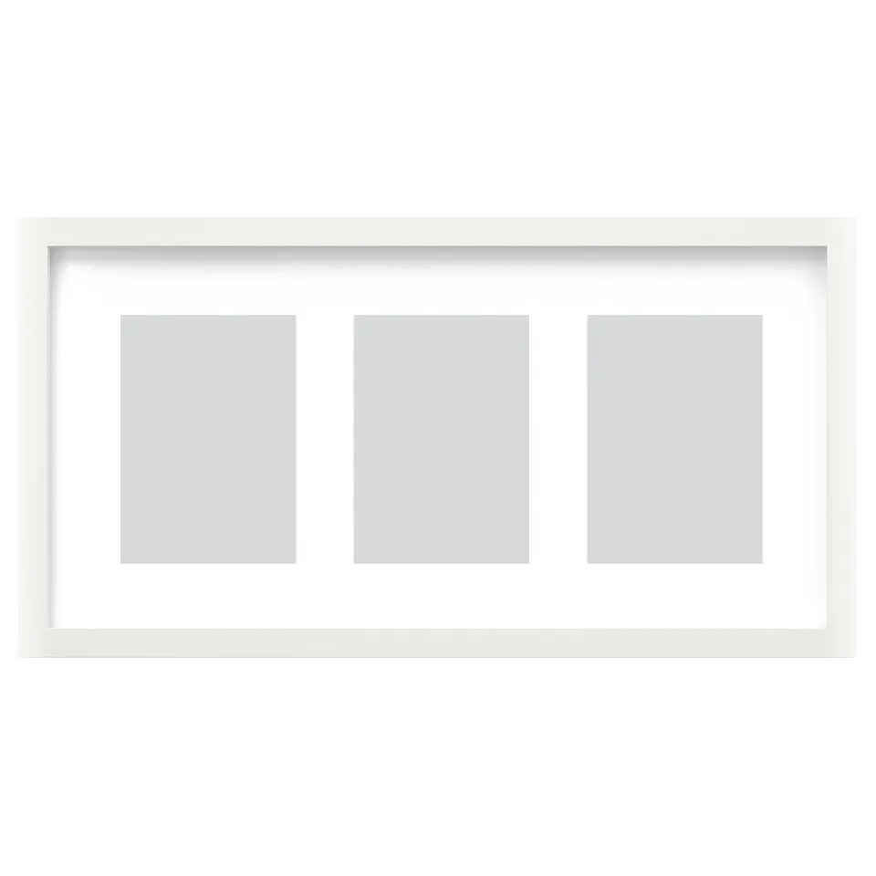 White RÖDALM photo frame holds 3 pictures, can hang vertically or horizontally.