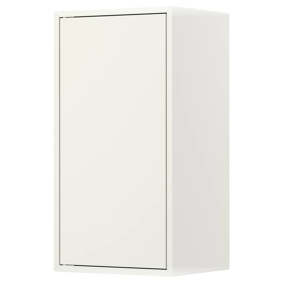 An EKET white cabinet with a mirrored door, rectangular shape, and sleek design.