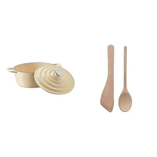 SJÖKEX/VARDAGEN set: casserole with lid + 2-piece kitchen utensil set, enamelled cast iron light yellow + birch, 4 l