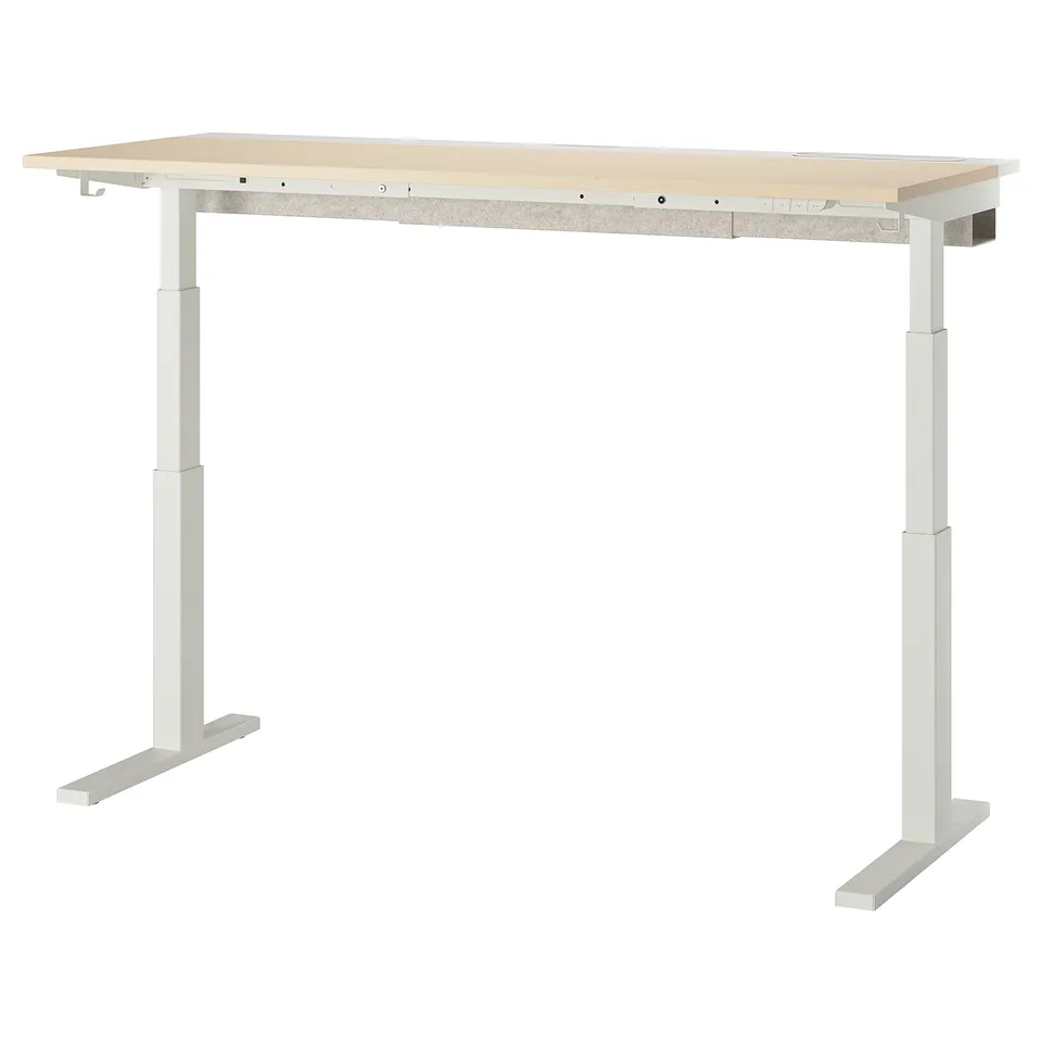 MITTZON desk, light beige top, white legs, rectangular, height adjustable, minimalist design.