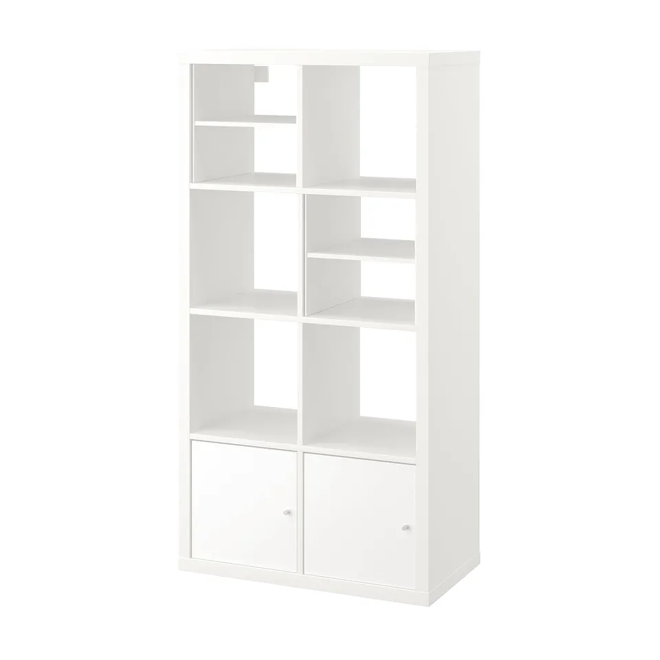 White KALLAX white bookshelf with 4 shelves & 2 cabinets, modern design.