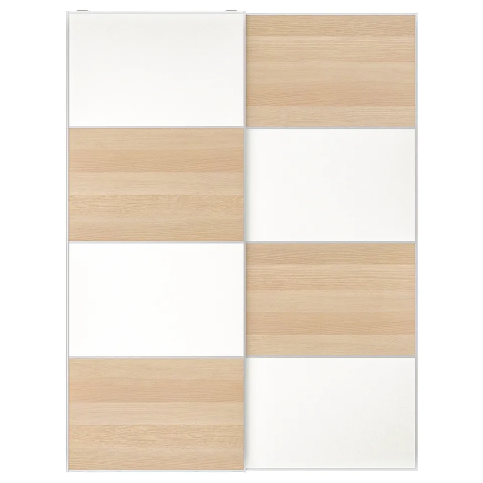 MEHAMN wardrobe, light wood, white, sliding panels, minimalist design.