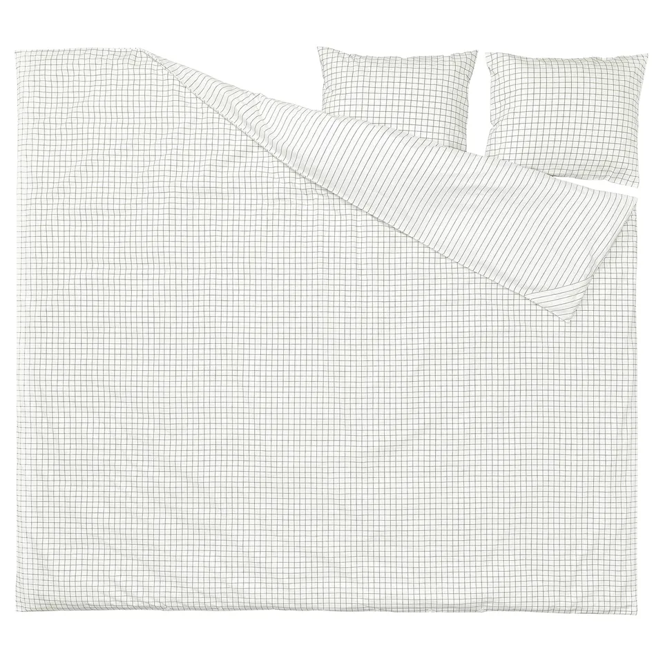 DOFTAKLEJA bedding set, white/anthracite, cotton, check/stripe pattern, rectangular, duvet cover and pillowcases.