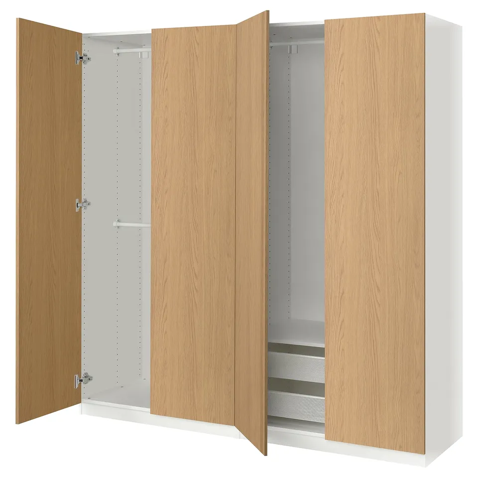 PAX wardrobe, white & light wood, open doors revealing shelves & hanging rail.