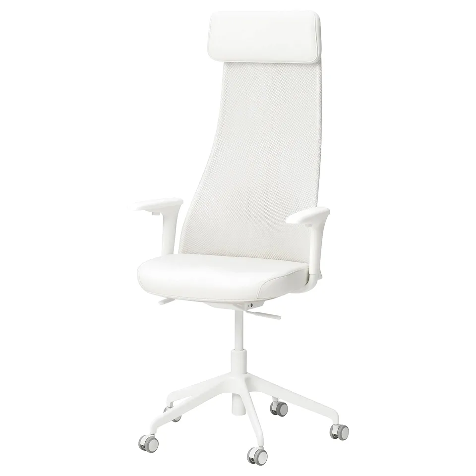 White JÄRVFJÄLLET office chair with mesh back, leather seat, adjustable and swivel casters.