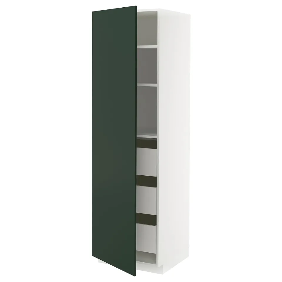 Tall white storage cabinet with dark green door, adjustable shelves, left or right hinge.
