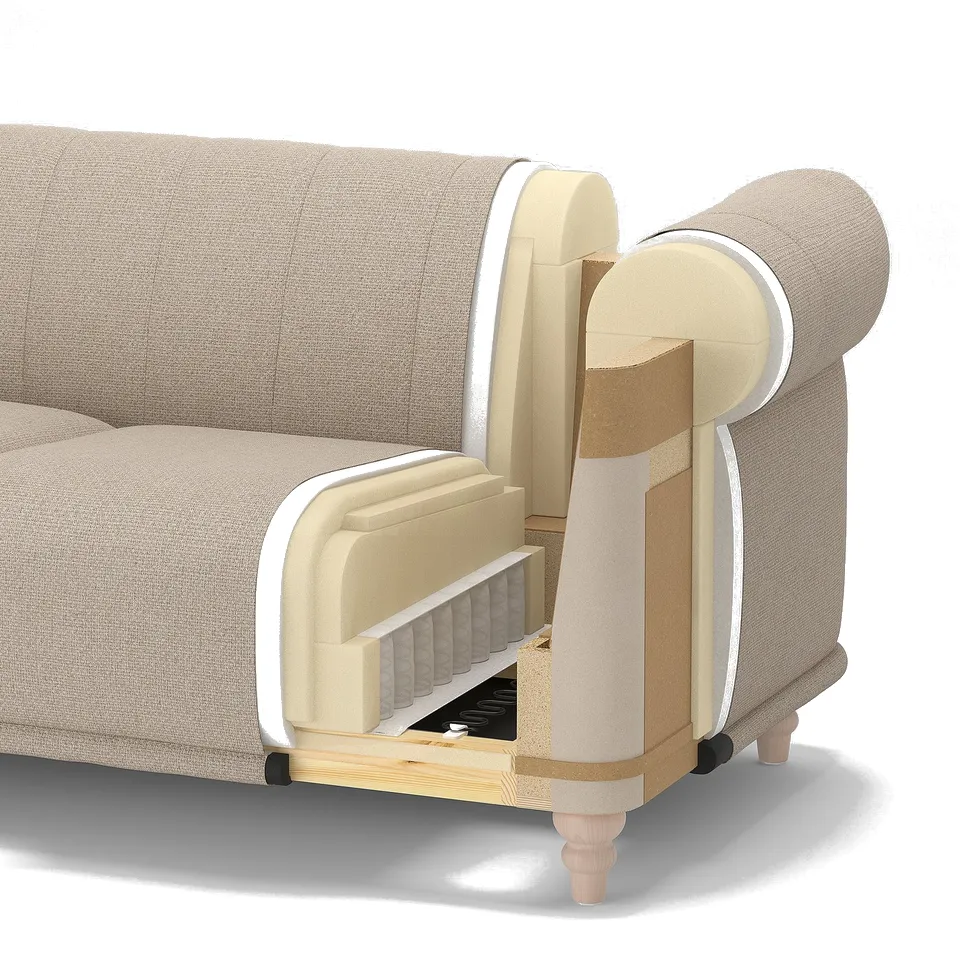 Cross-section of sofa: upholstery, foam, wood frame, birch legs.