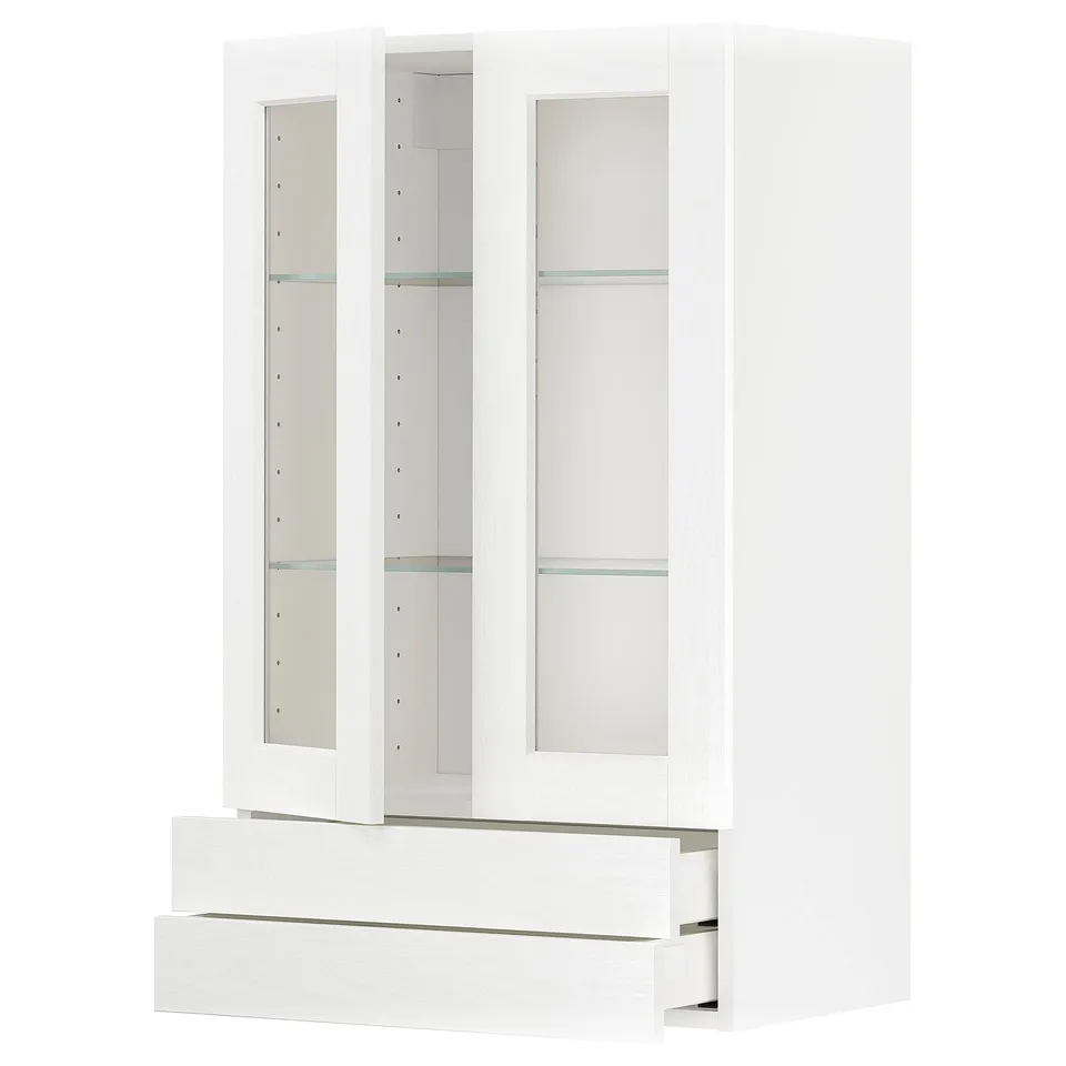 White kitchen cabinet set with glass doors, smooth drawers, and metallic handles.