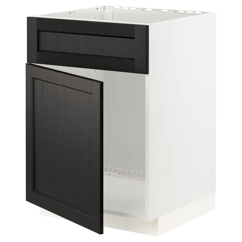 A white METOD kitchen cabinet with a dark stained wooden door and drawer. The cabinet a traditional design with bevelled edges.