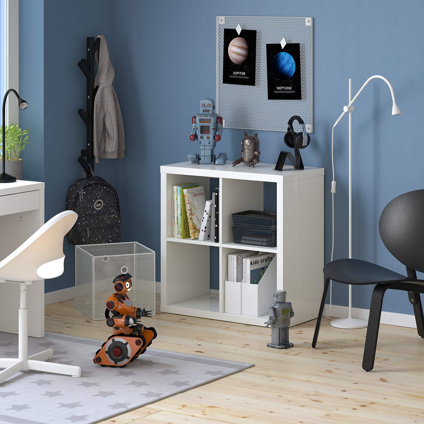 KALLAX bookshelf in kids room with toys and decor.