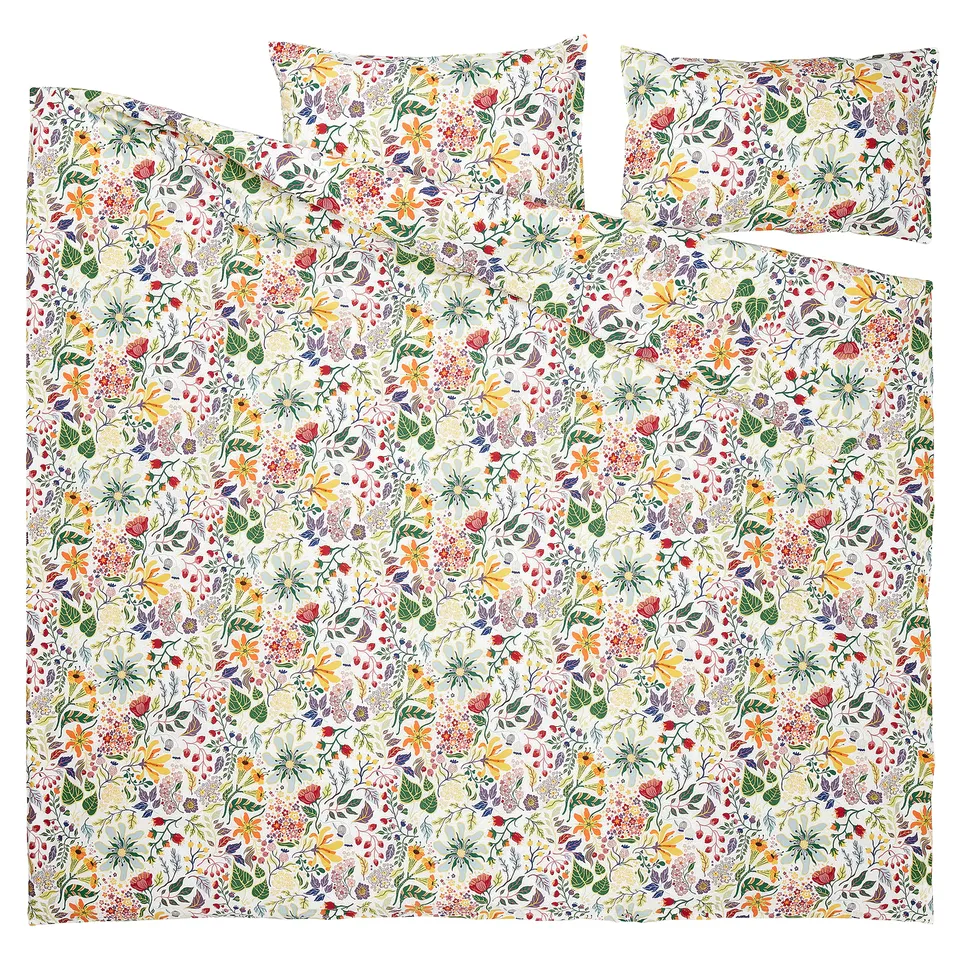 STRANDLUMMER duvet set; yellow, white; floral print; cotton; square; soft, natural, textured.