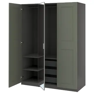 PAX / KAMMARTORP/GRIMO wardrobe combination, dark grey/mirror glass grey-green, 150x60x201 cm