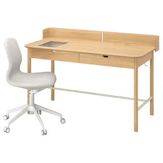 RIDSPÖ / LÅNGFJÄLL desk and chair, oak beige/white, 140x70 cm