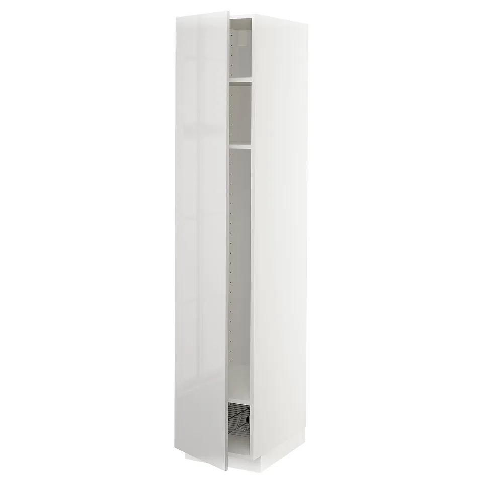 METOD high gloss white kitchen cabinet with adjustable shelf and wire basket.