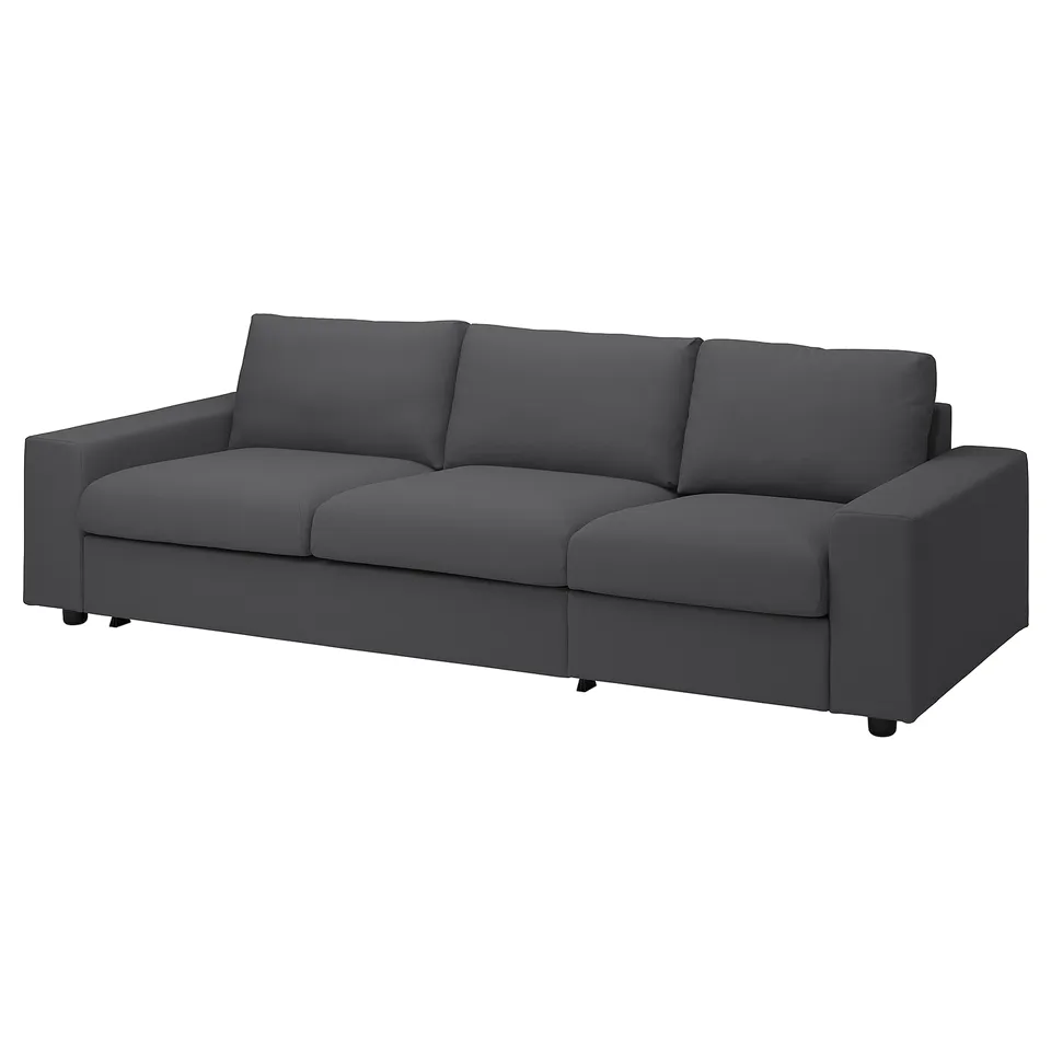 A grey VIMLE sofa with clean lines and plush cushions, covered in durable, machine-washable hallarp fabric.