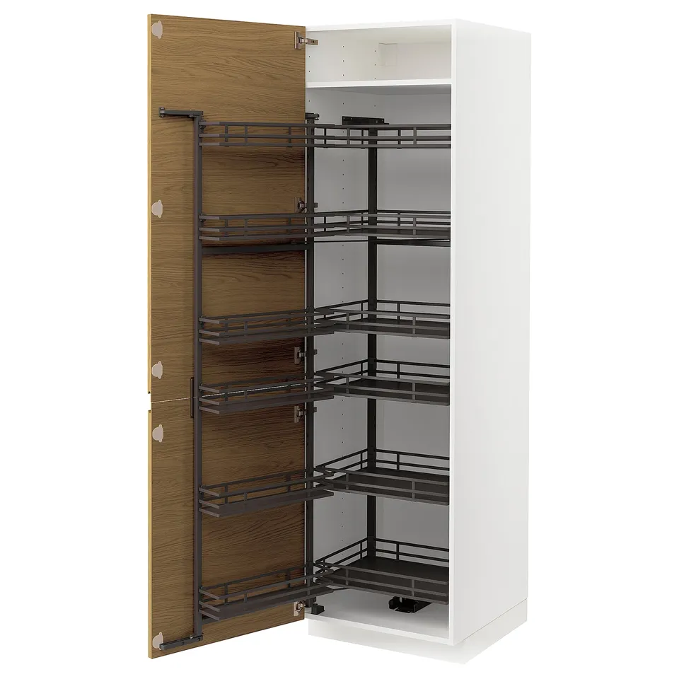 White METOD cabinet with oak door open, displaying metal pull-out shelves.