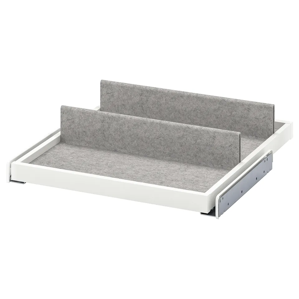 White KOMPLEMENT tray with grey felt inserts for organising items.