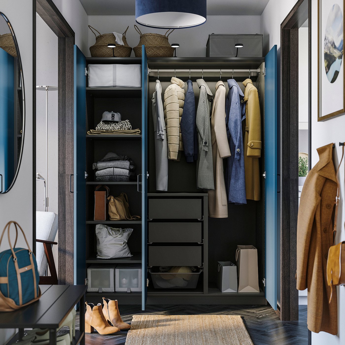 Organised PAX wardrobe with clothes, shelves & drawers