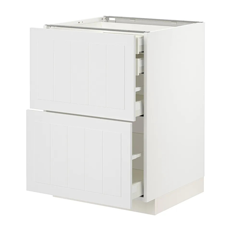 White METOD kitchen cabinet with two open drawers, rectangular shape and smooth finish.