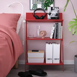 KRÖNIKÖR/FJÄDERHARV/KUGGIS Combination open storage*1, magazine file*2, box*2, red + white + white/bamboo, 60x35x91 cm