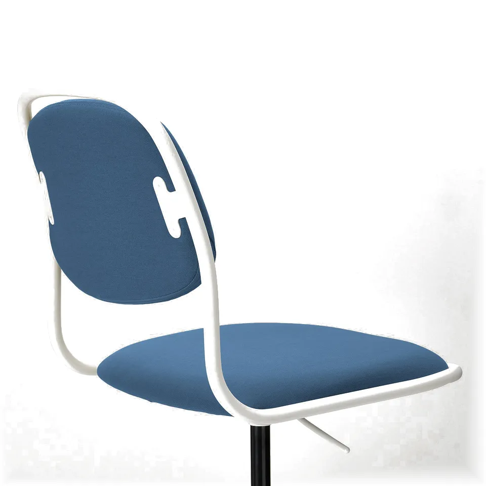 Modern office chair with ergonomic blue fabric seat and white frame, designed for comfort and durability.