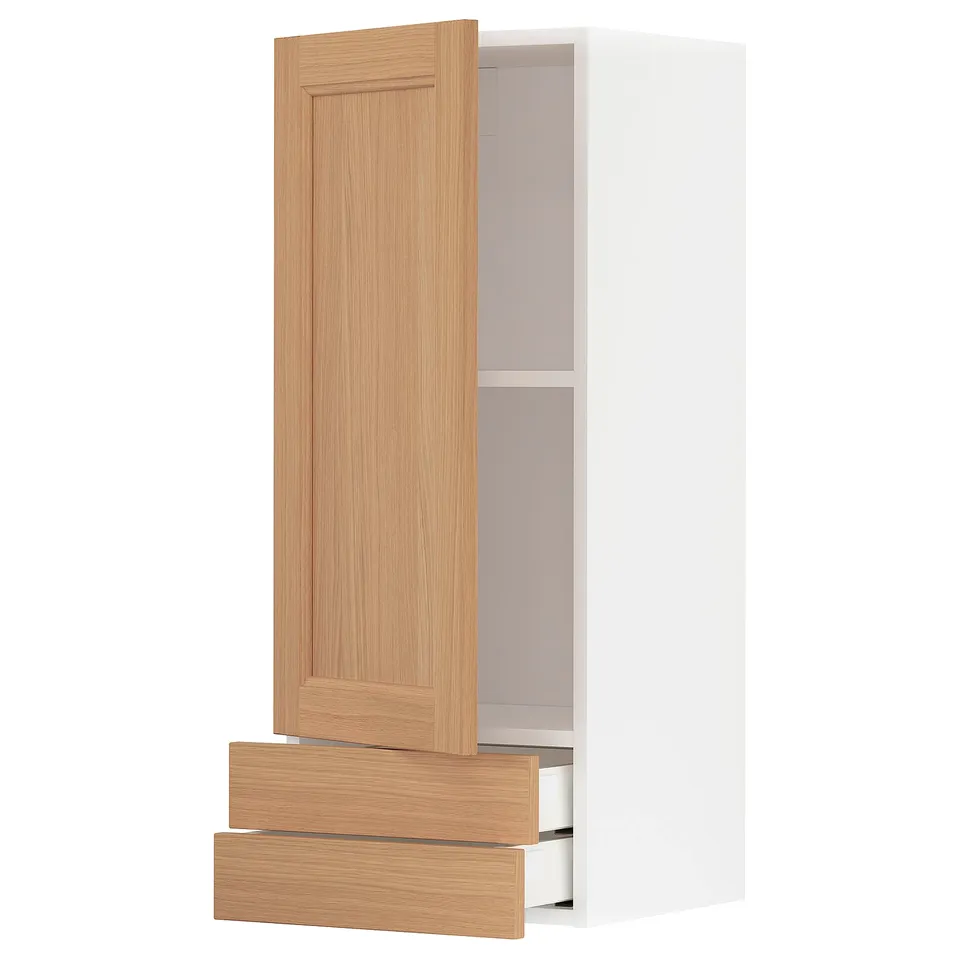 METOD kitchen unit with open oak door, two drawers, and cabinet.
