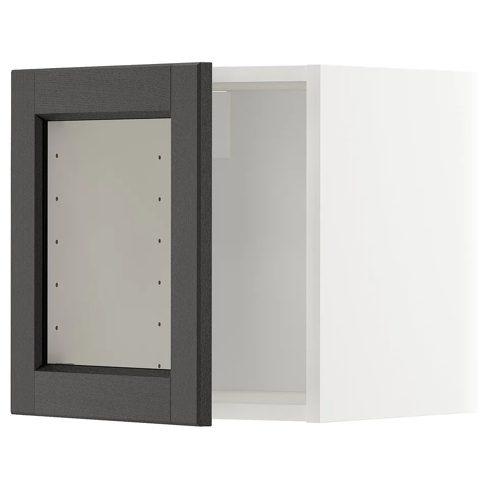 Modular kitchen cabinet set with black-stained ash frame and bevelled glass doors, featuring extensive storage and contemporary design.
