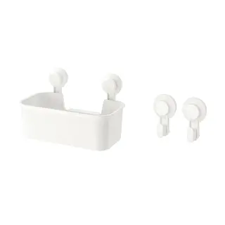 TISKEN set: basket with suction cup + hook with suction cup, white, Width 28 x Depth 17 x Height 17 cm