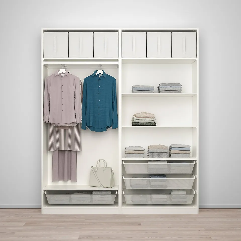Sleek closet organiser with shirts, clothes, handbag, shelves, bins, compartments.
