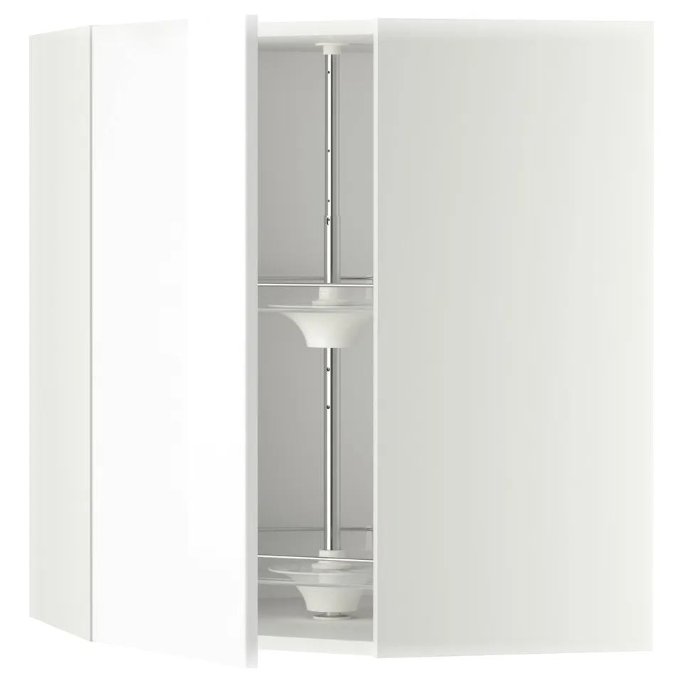 A white high-gloss kitchen cabinet with a carousel unit.