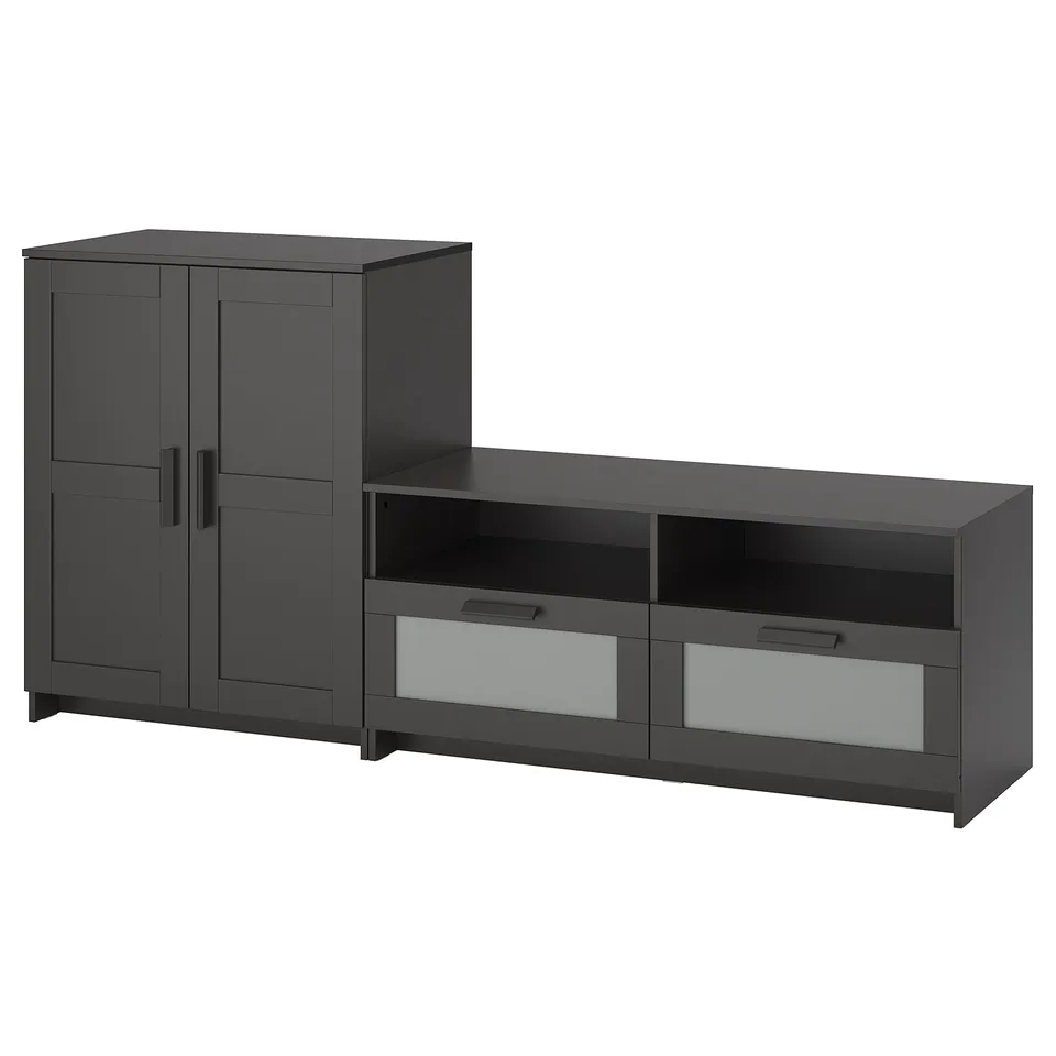 Two-piece black storage set includes a tall cabinet and wide tv stand. Cabinets have sleek design with large drawers and adjustable shelves.