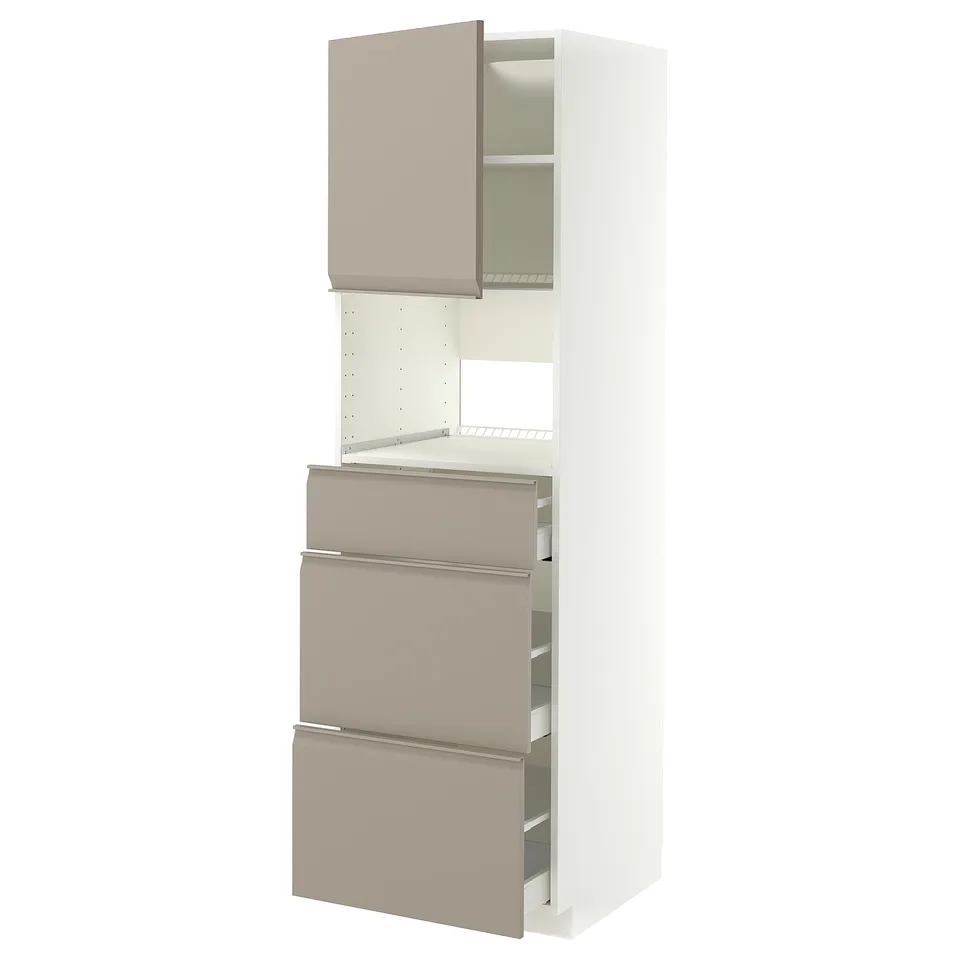 A modern, white and grey-beige kitchen cabinet set with integrated handles and smooth drawers.