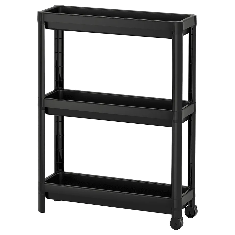 Black VESKEN 3-tier cart, recycled plastic, 4 wheels.