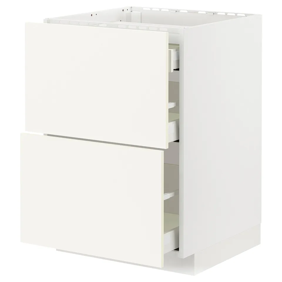 A white METOD kitchen cabinet with two drawers, sleek and modern.