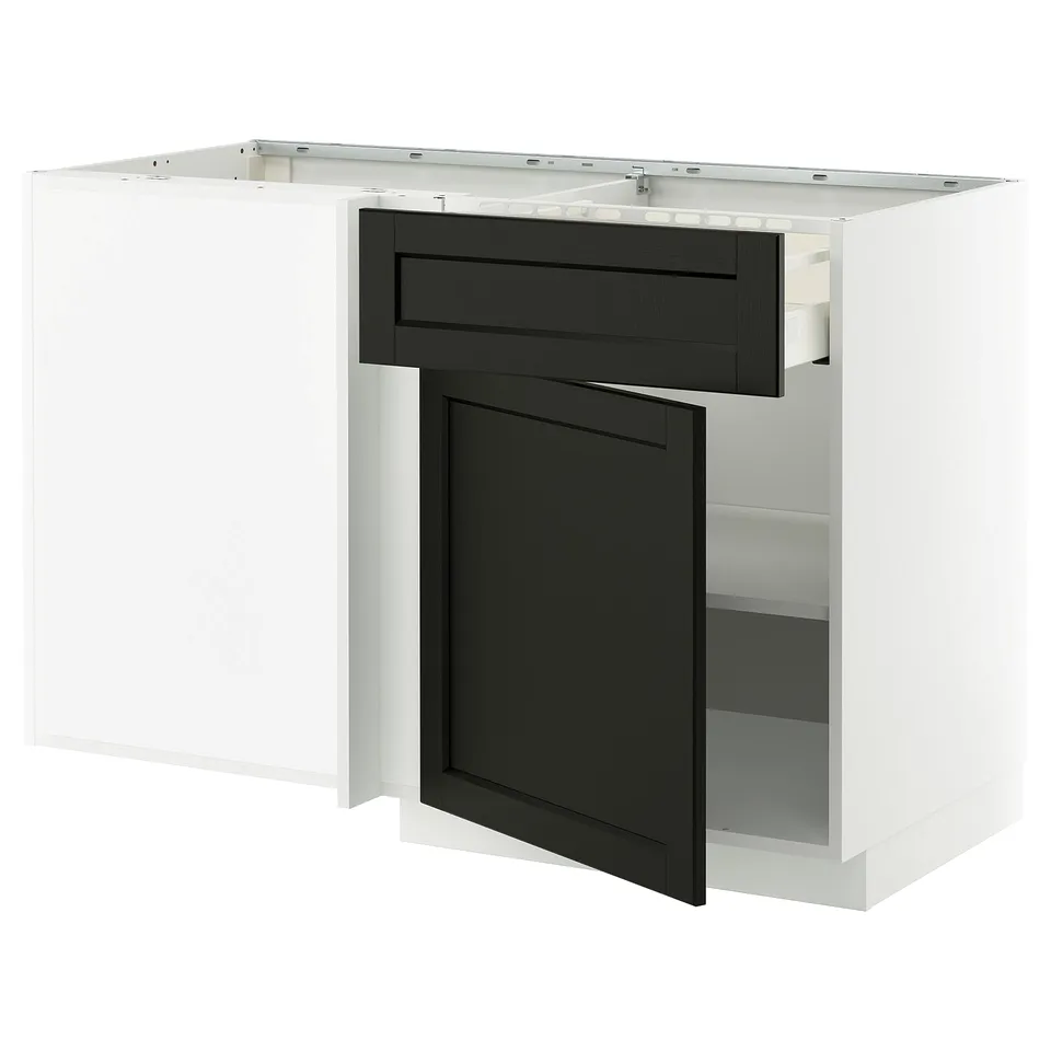 Black & white kitchen cabinet with drawer, door and bevelled edges, modern design.