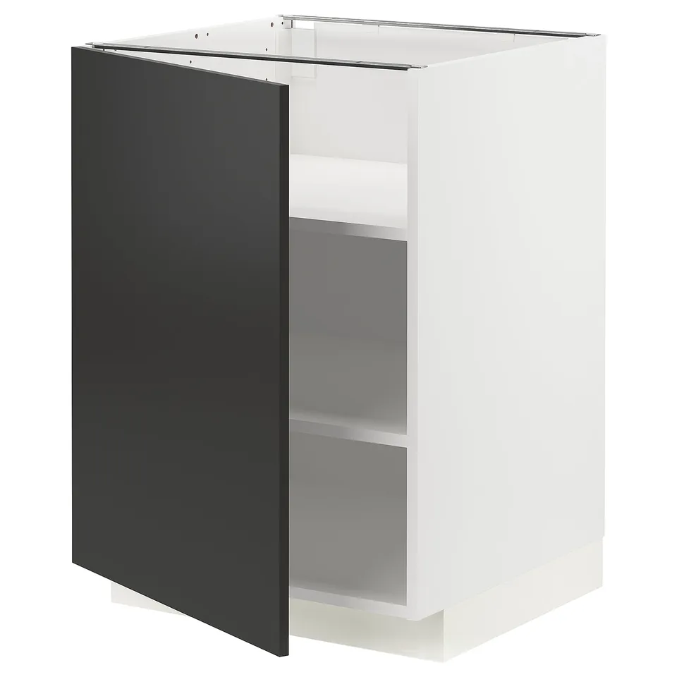 A modern kitchen cabinet, named METOD, in white with a black door. It a sleek, rectangular design and has two adjustable shelves inside.