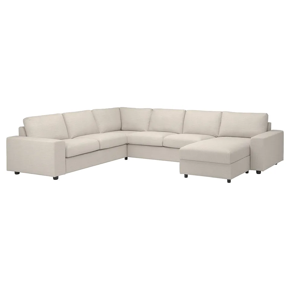 A VIMLE light-colored sectional sofa with a u-shape, made from recycled polyester fabric.