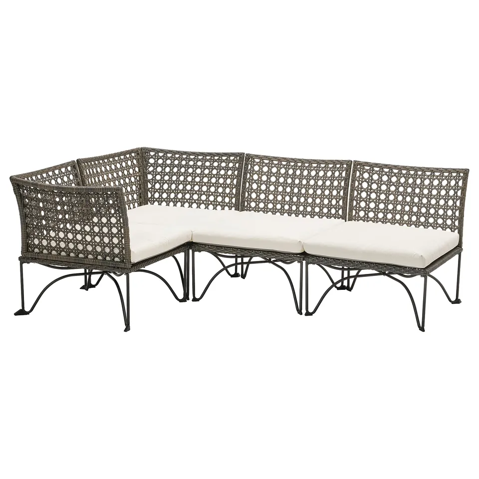 JUTHOLMEN modular outdoor sofa, light beige cushions, dark wicker, l-shape design.