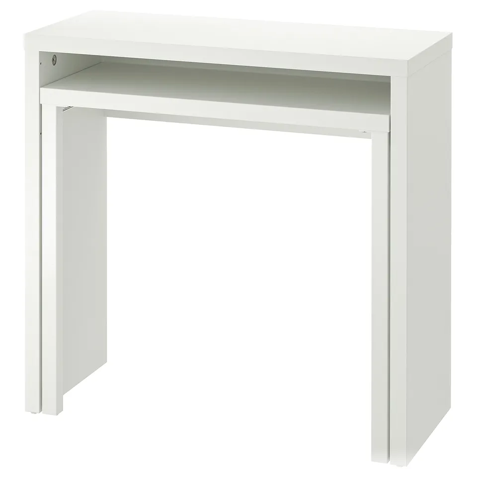 LÄNGDHOPP: compact white desk, smooth-glide mechanism, space-saving.