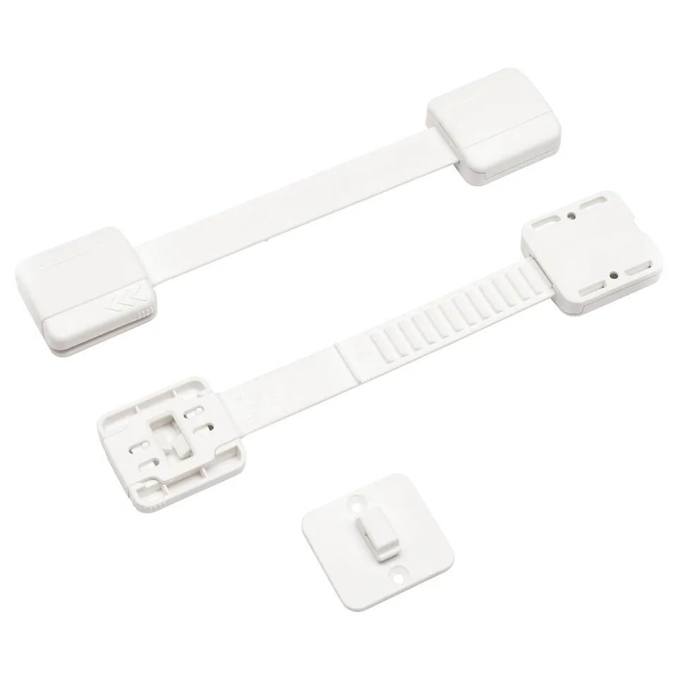 A white UNDVIKA multi-latch set in a square design, used to secure drawers or doors, featuring adjustable straps and plastic components.