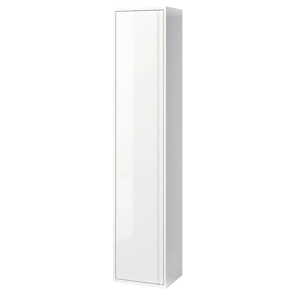 A tall, glossy bathroom cabinet with integrated handles, wall-mount or leg option.