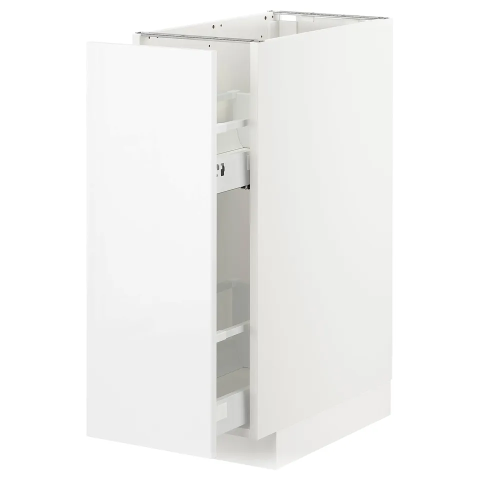 White METOD kitchen cabinet with glass shelves and pull-out drawer.